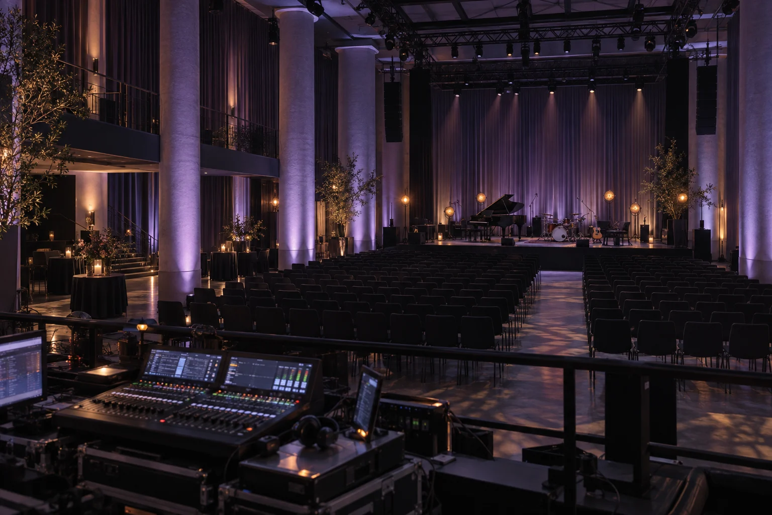 Eventlocation mit lavendelfarbenem Licht, bestuhltem Saal und vorbereiteter Bühne