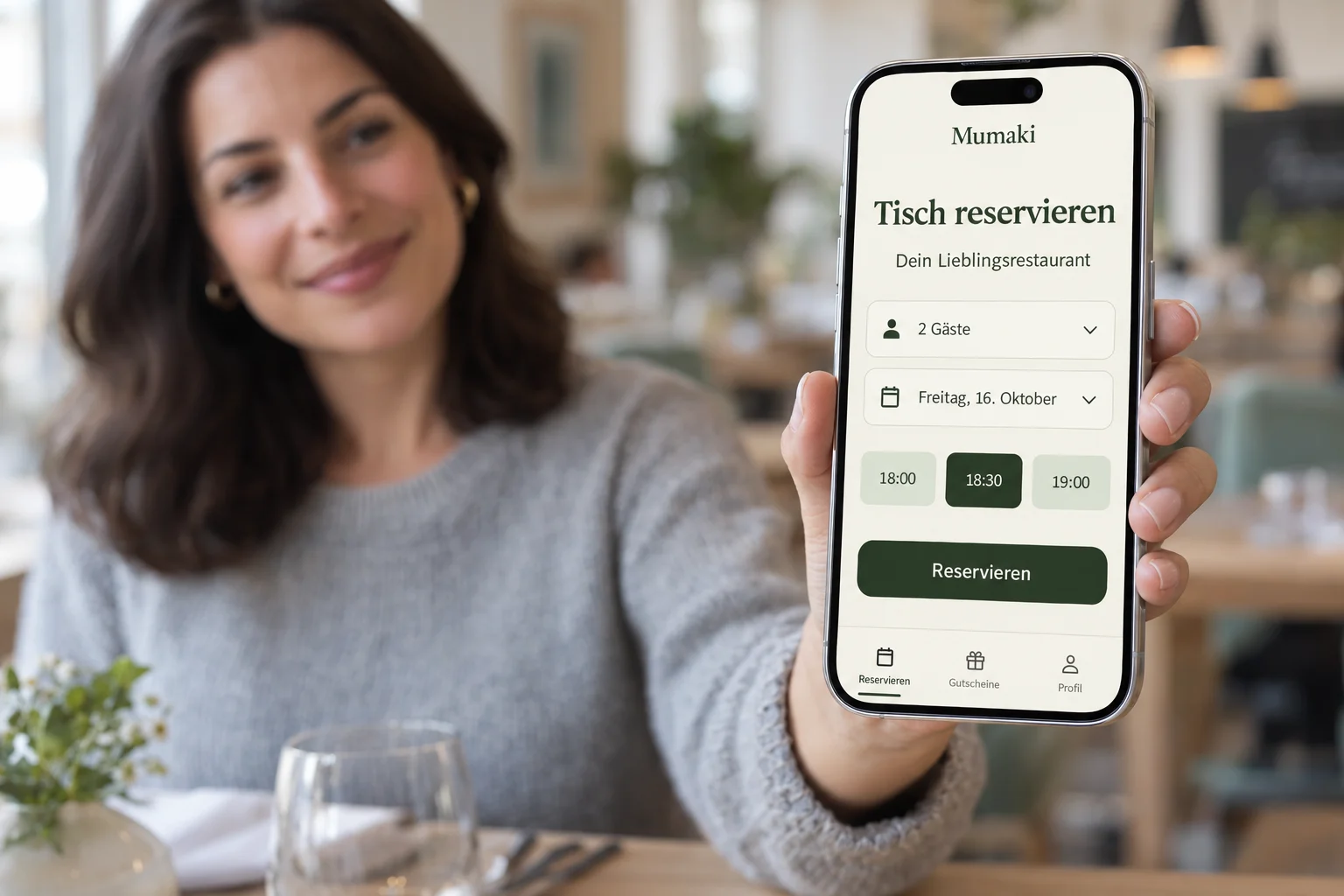 Ein Gast hält ein Smartphone mit der Reservierungsansicht in die Kamera