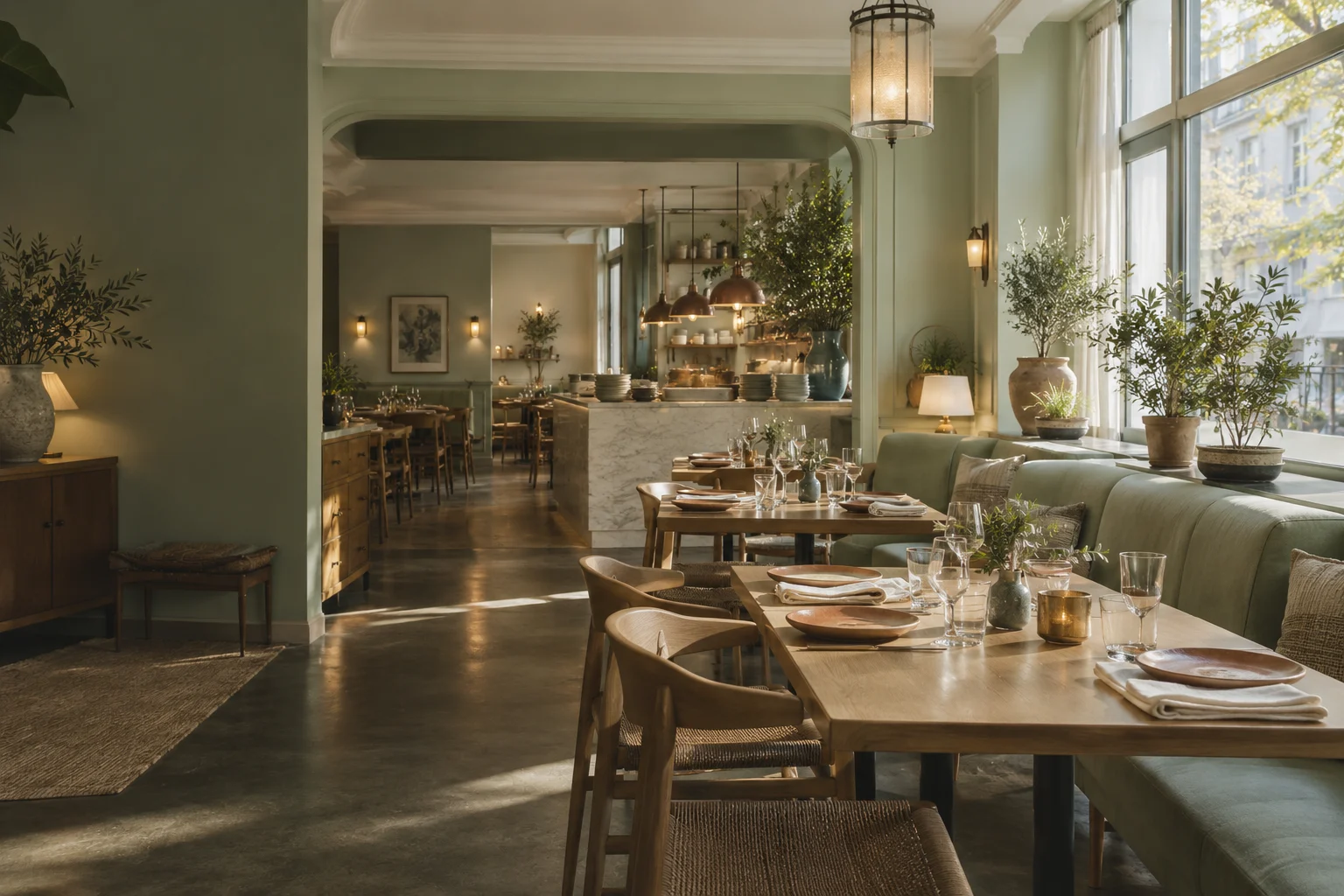 Restaurant mit gedeckten Holztischen, mintgrüner Sitzbank und großen Fenstern