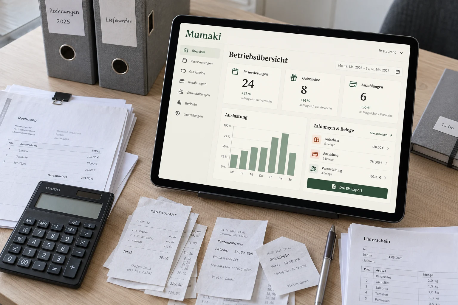 Schreibtisch mit Belegen, Taschenrechner und Ordnern; ein Tablet zeigt die Mumaki-Betriebsübersicht mit Auslastung und DATEV-Export