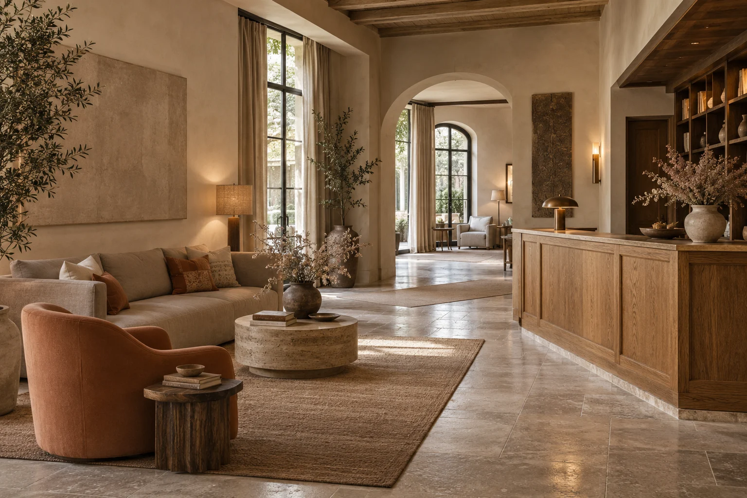 Einladende Hotellobby mit Holzrezeption, sandfarbenen Wänden und Sesseln in gedecktem Apricot