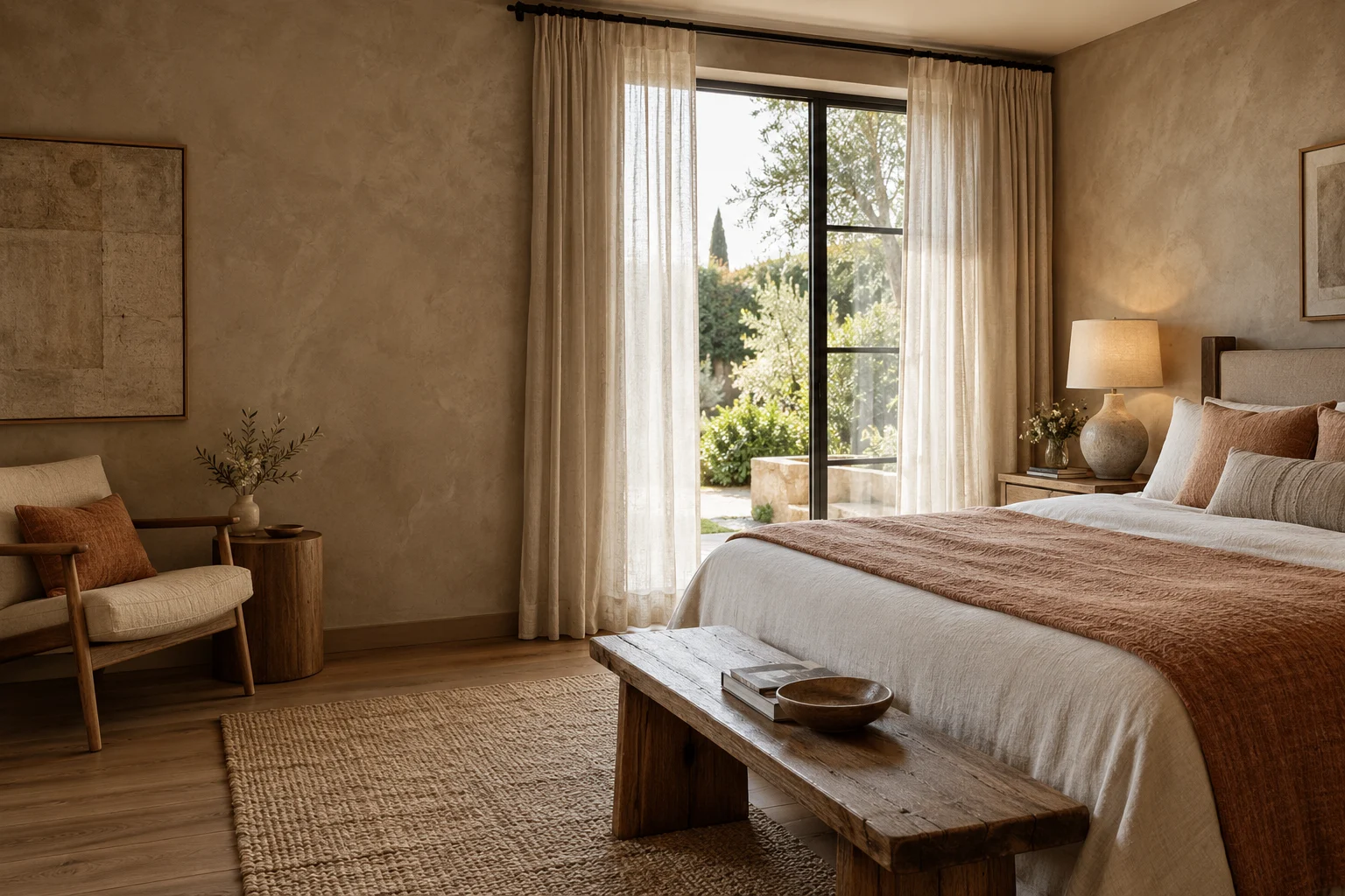 Hotelzimmer mit Leinenbettwäsche, warmem Holz und Tageslicht